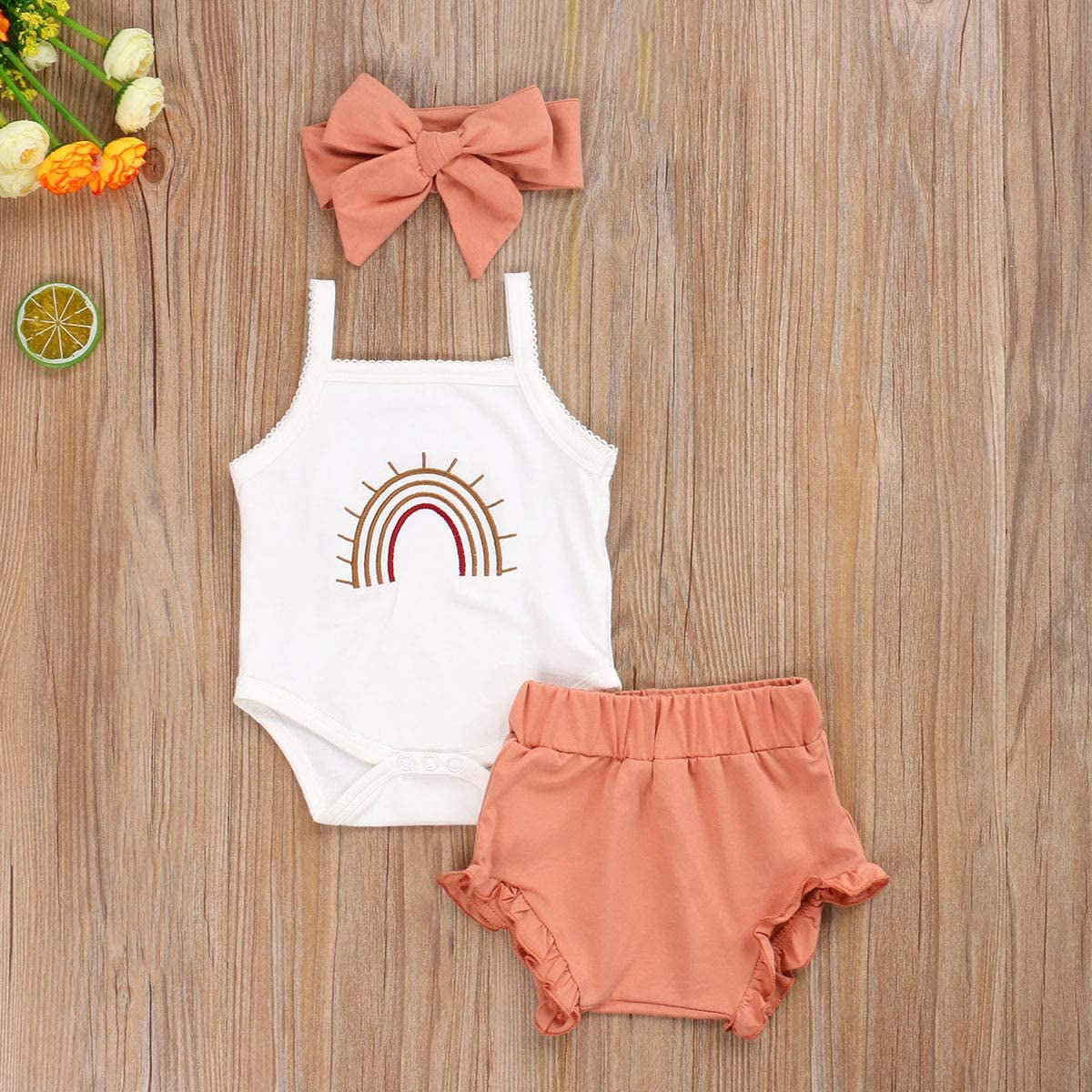 Newborn Baby Girl Clothes Cotton Infant Romper Headband Shorts Play Wear Summer Rainbow Outfits