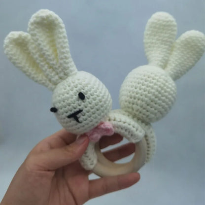 1Pcs Baby Teether Rattle Toys Rabbit Crochet Wooden Teething Ring Baby Teether Cot Hanging Toy Baby Products DIY Crafts