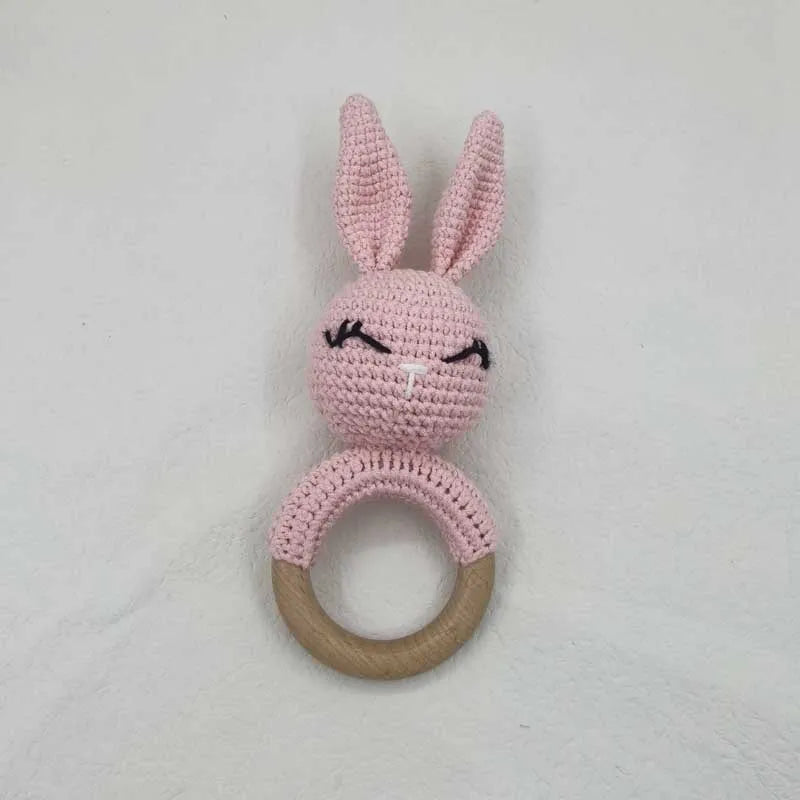 1Pcs Baby Teether Rattle Toys Rabbit Crochet Wooden Teething Ring Baby Teether Cot Hanging Toy Baby Products DIY Crafts