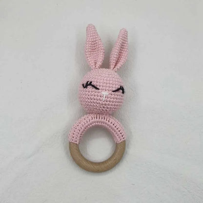 1Pcs Baby Teether Rattle Toys Rabbit Crochet Wooden Teething Ring Baby Teether Cot Hanging Toy Baby Products DIY Crafts