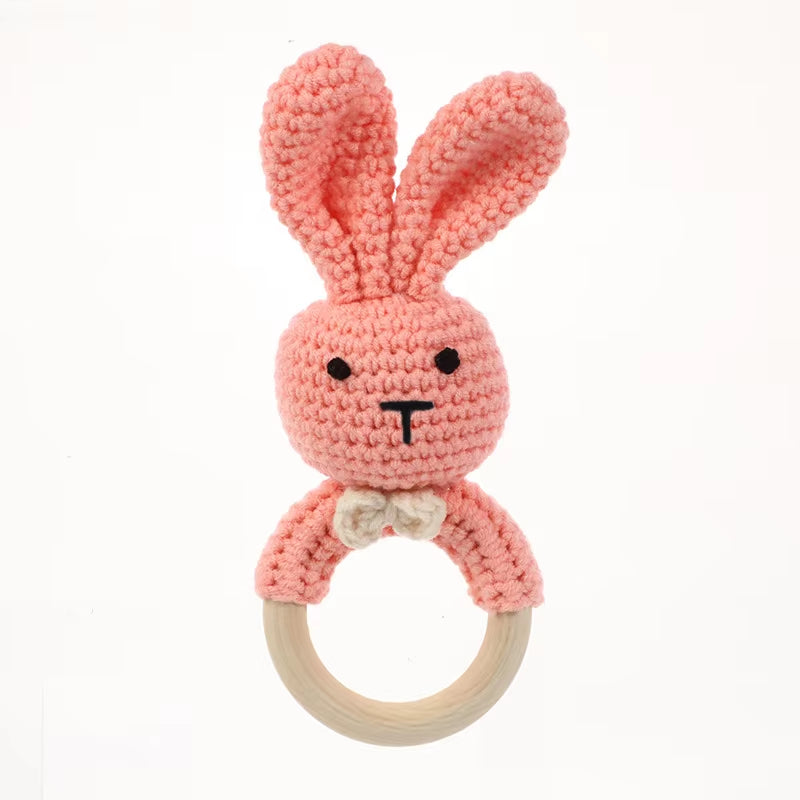 1Pcs Baby Teether Rattle Toys Rabbit Crochet Wooden Teething Ring Baby Teether Cot Hanging Toy Baby Products DIY Crafts