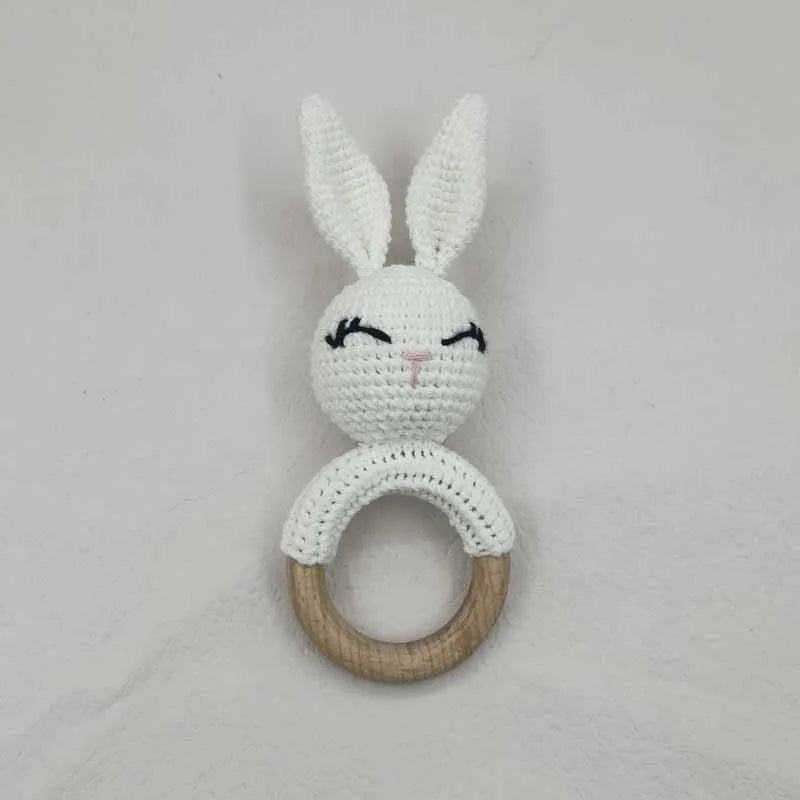 1Pcs Baby Teether Rattle Toys Rabbit Crochet Wooden Teething Ring Baby Teether Cot Hanging Toy Baby Products DIY Crafts