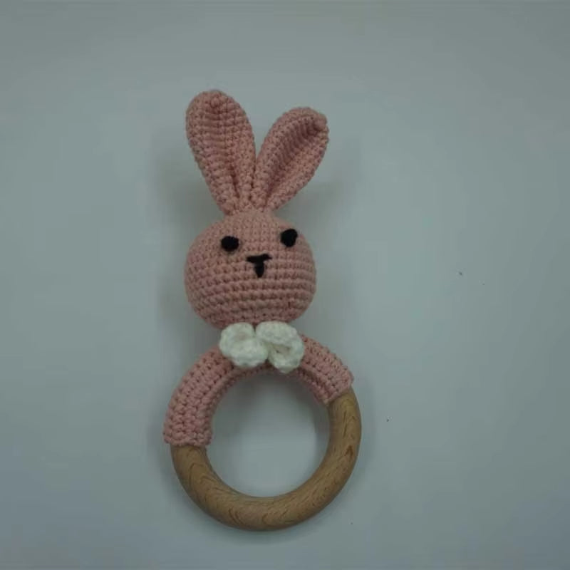 1Pcs Baby Teether Rattle Toys Rabbit Crochet Wooden Teething Ring Baby Teether Cot Hanging Toy Baby Products DIY Crafts