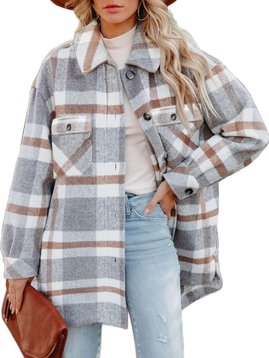 Women'S Casual Flannel Plaid Shacket Button down Long Sleeve Shirt Jacket Coats with Pockets