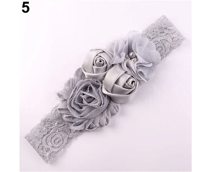 Beautiful Lace Flower Rose Bead Hairband Newborn Baby Headband Hair Accessory Khaki