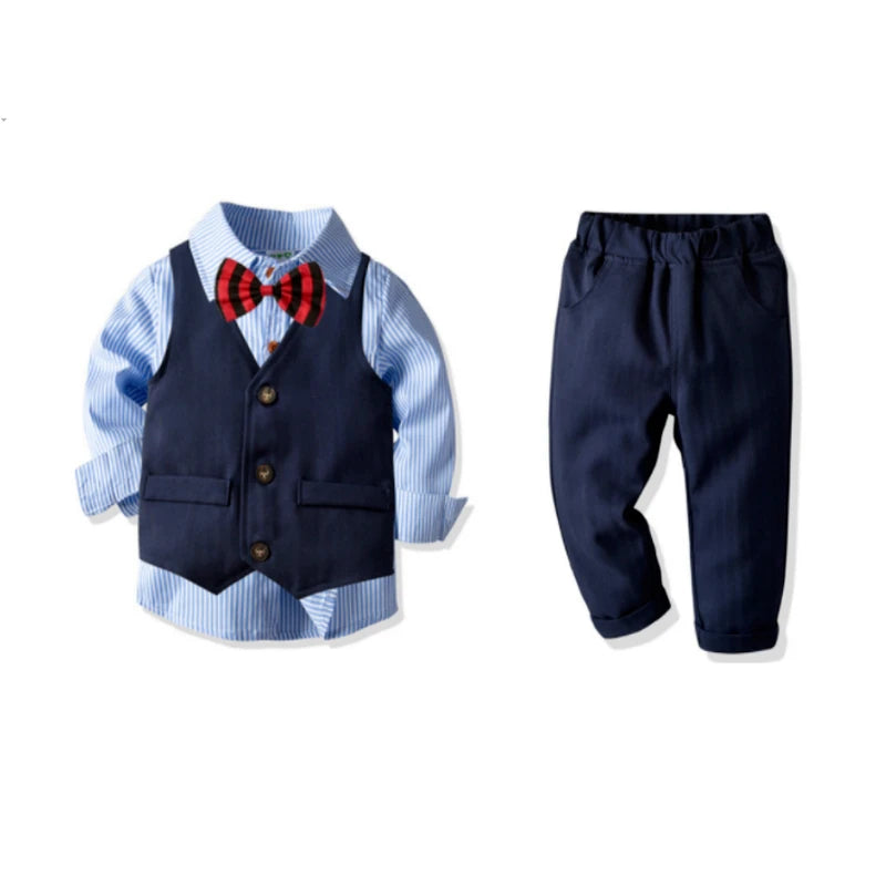 Spring Baby Boy Party Suit Gentleman Clothes Long-Sleeved Shirt Bow Tie Vest Trouser Set Party Suit Formal Kid Wear