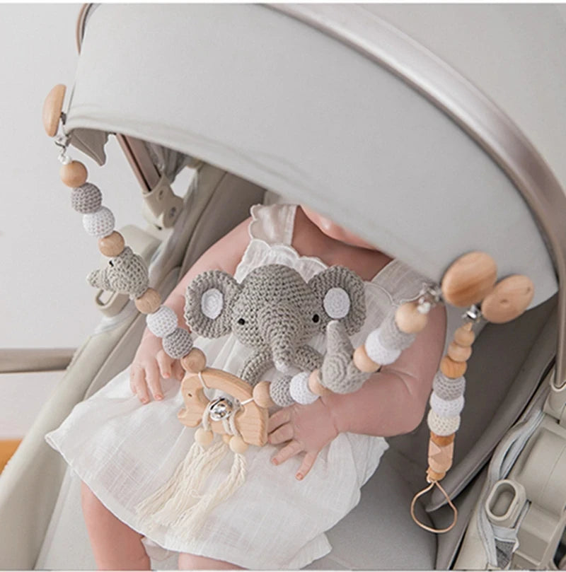 1Pc Baby Pram Clip Teether Toy Baby Mobile Bed Stroller Hanging Rattles Toy Newborn Crochet Beads Elephant Soothing Teething