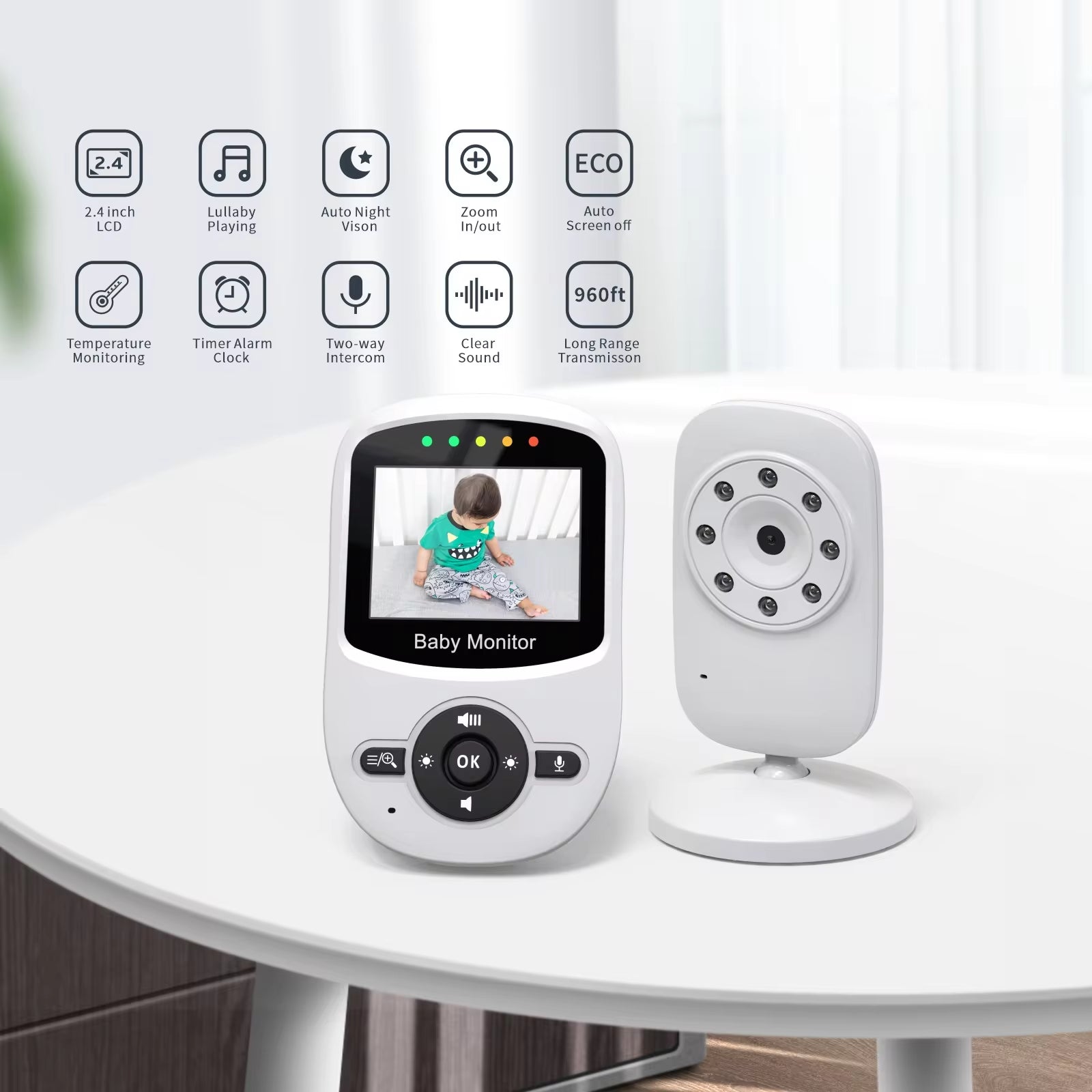 2.4 Inch Wireless Video Baby Monitor High Resolution Baby Nanny Security Camera Night Vision Temperature Monitoring