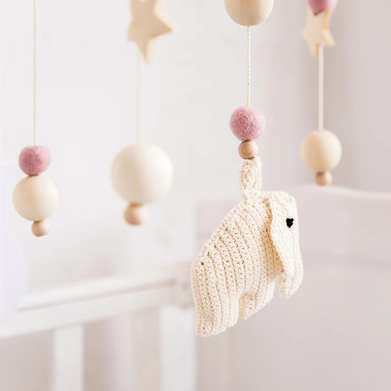 Baby Wooden Elephant Bed Rattles Rattle Bed Bell Mobile Activity Play Gym Baby Toys for 0-12 Months Cart Accessories Crochet