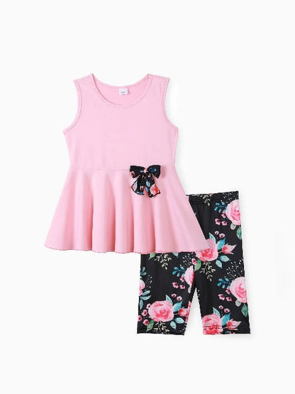 2Pcs Kid Girl Bowknot Design Sleeveless Tee and Floral Print Leggings Shorts Set