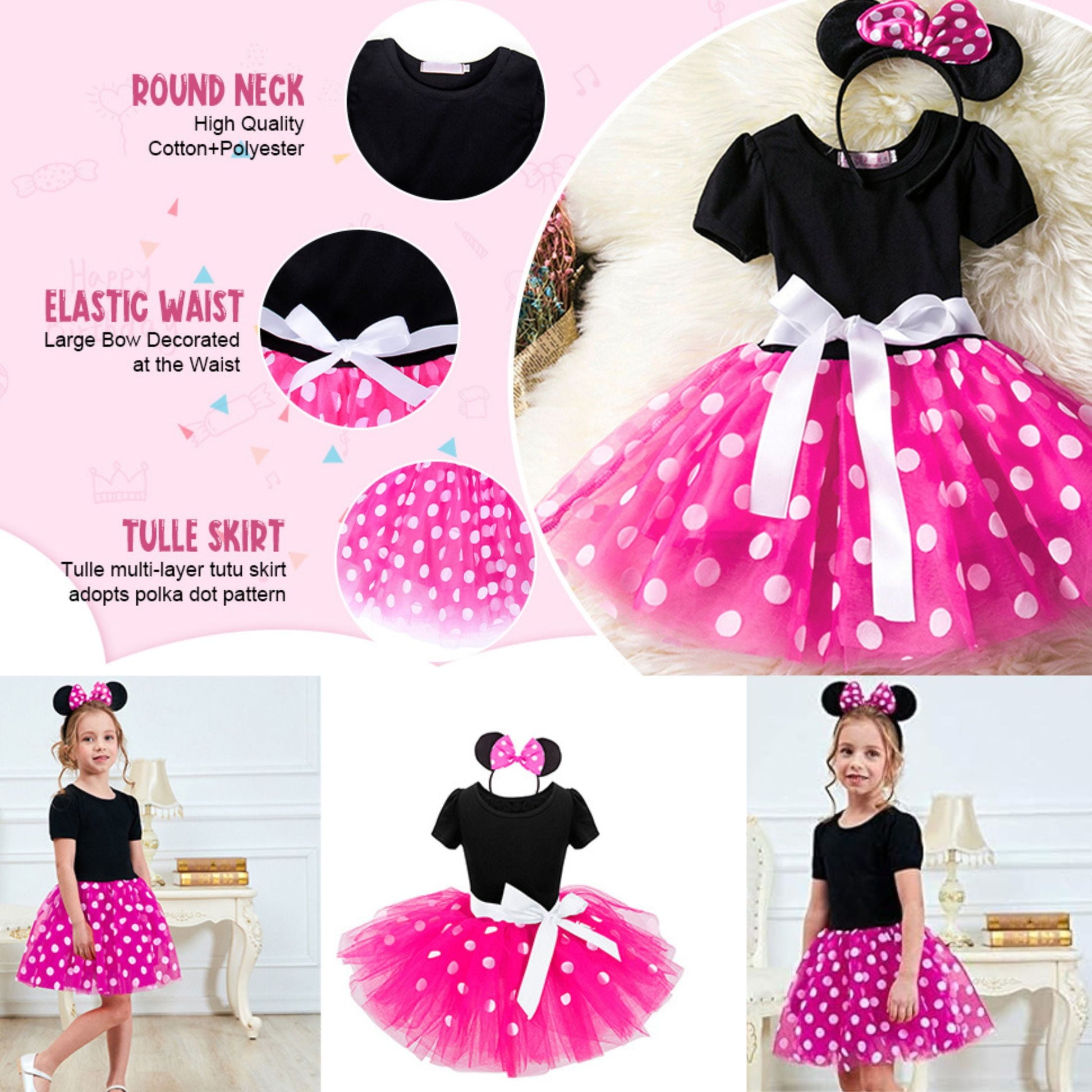 Minnie Mouse Costume Girls Dress up Princess Toddler Cute Polka Dots Fancy Minnie Mouse Dresses up Bowknot Tutu Tulle Cosplay Birthday Party Baby Girl Costume Red with Headband 110 CM