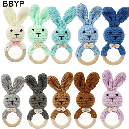 1Pcs Baby Teether Rattle Toys Rabbit Crochet Wooden Teething Ring Baby Teether Cot Hanging Toy Baby Products DIY Crafts