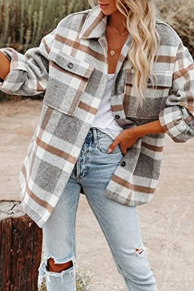 Women'S Casual Flannel Plaid Shacket Button down Long Sleeve Shirt Jacket Coats with Pockets