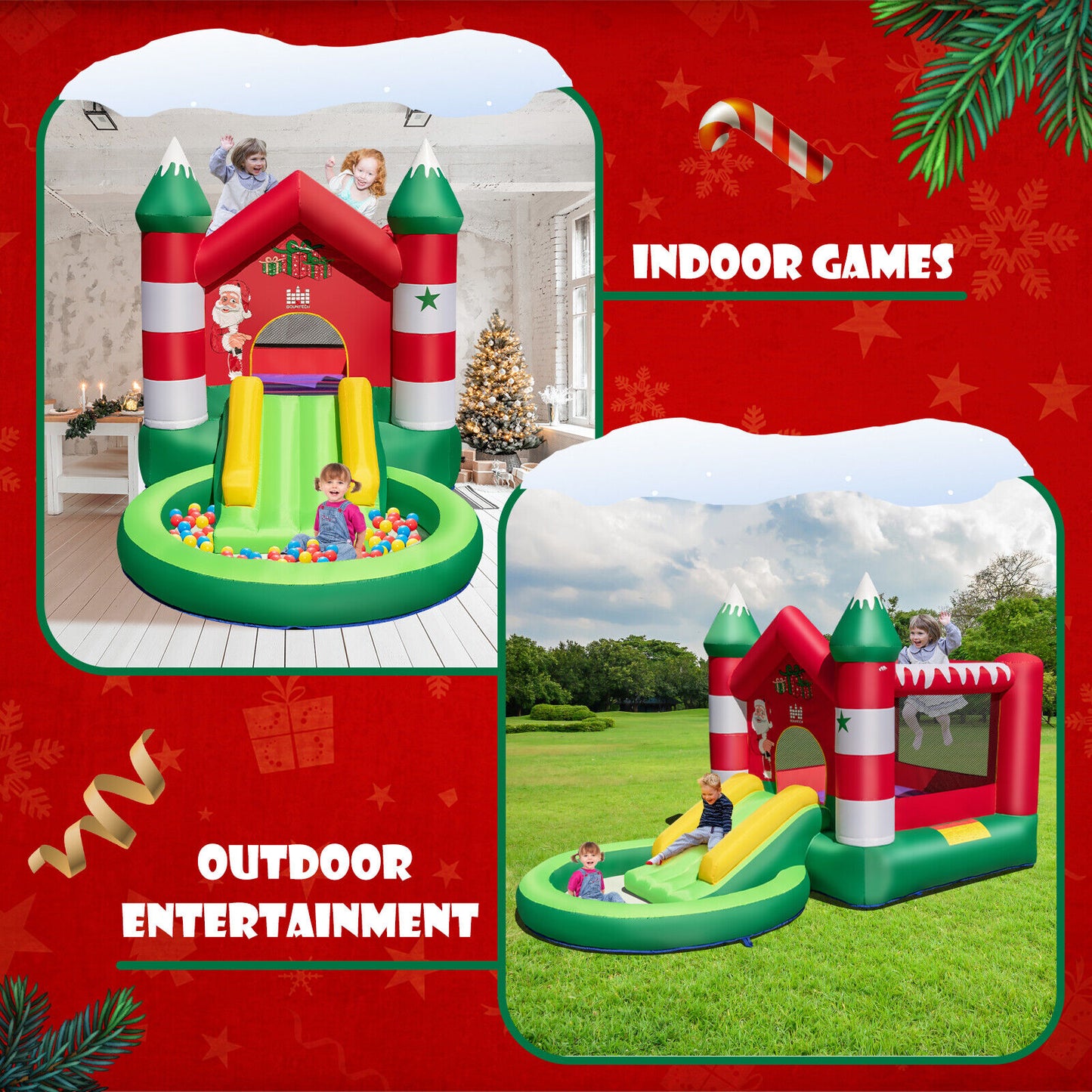 Kids Inflatable Bounce House Christmas Theme Jumping Castle W/Ball Pit & Blower