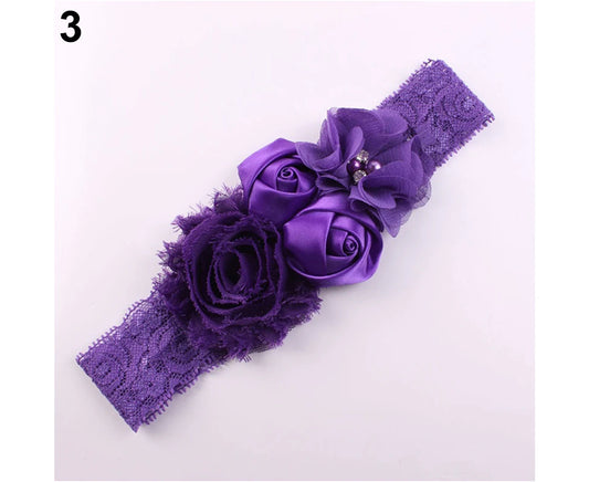 Beautiful Lace Flower Rose Bead Hairband Newborn Baby Headband Hair Accessory Dark Purple