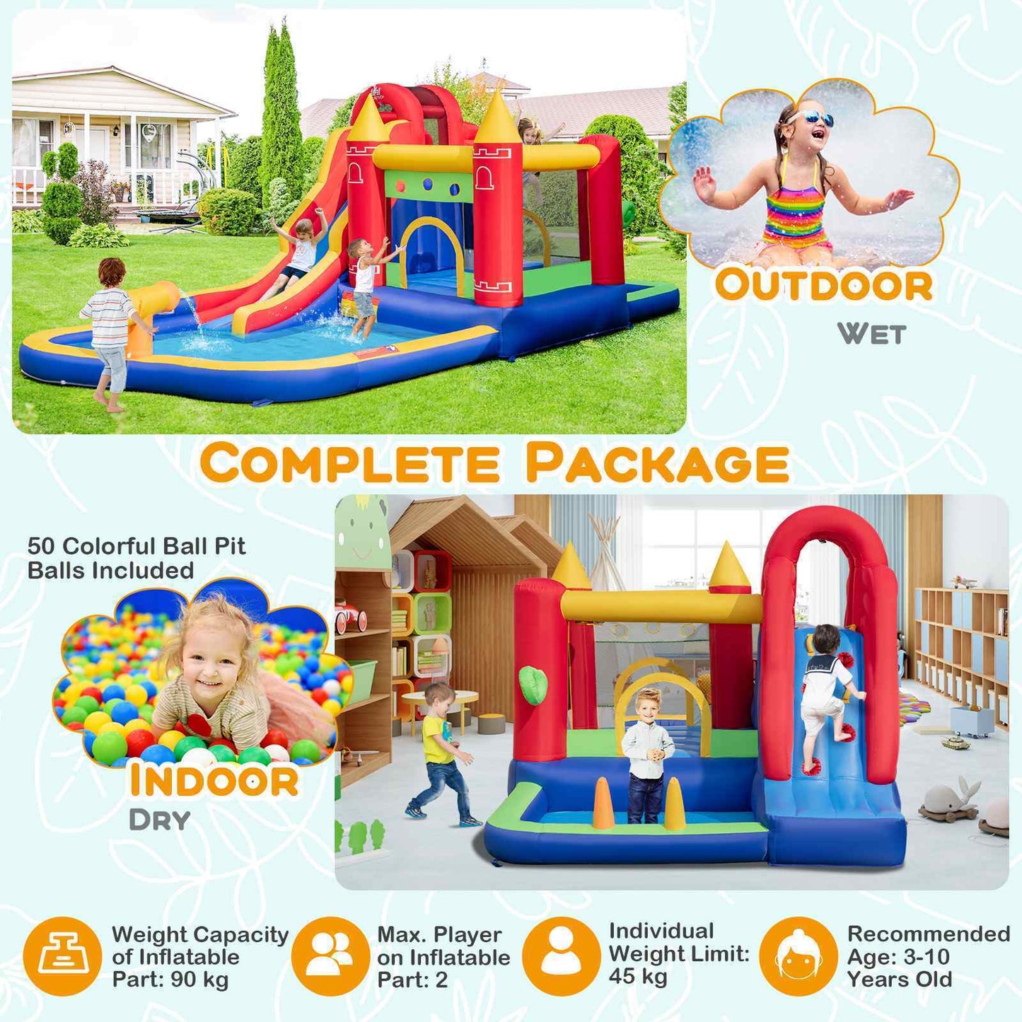 Inflatable Water Park Outdoor Water Slide Jumping Castle for Yard W/Ocean Balls